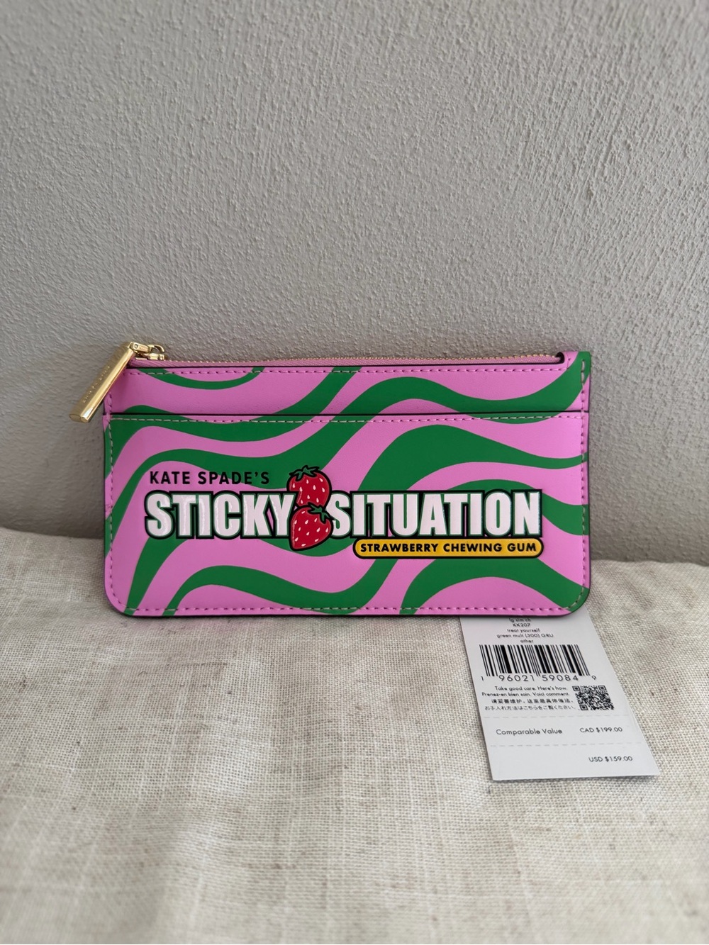 kate spade Pink & Green "Sticky Situation" Bubble Gum Zip Wallet NWT
